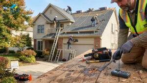 Roofers repairing a residential shingle roof.