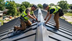 Workers installing a metal roof system.