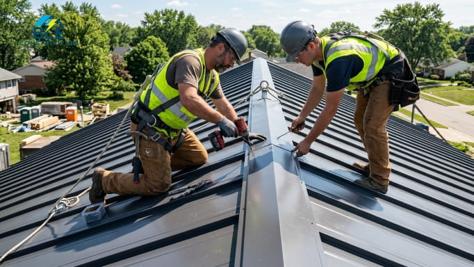 Workers installing a metal roof system.