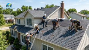 Workers installing new roof shingles.